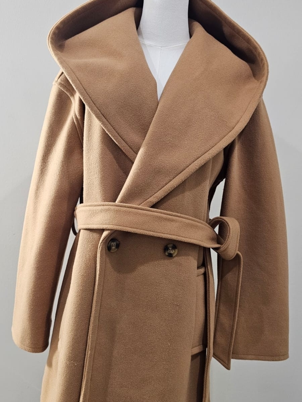 AVEC LES FILLES Camel Hooded Wrap Belted Coat Wool Blend Oversized Shawl Collar